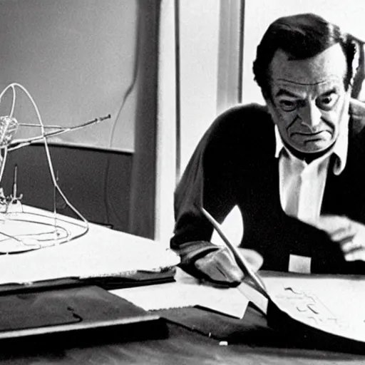 Image similar to richard feynman designing the first atomic baby