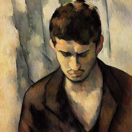 Image similar to A sad, melancholic, expressionless face that is trying to hold in anger, male face, tears, dark aesthetic, can\'t escape the sad expression, digital, trending on artstation, art by Paul Cezanne