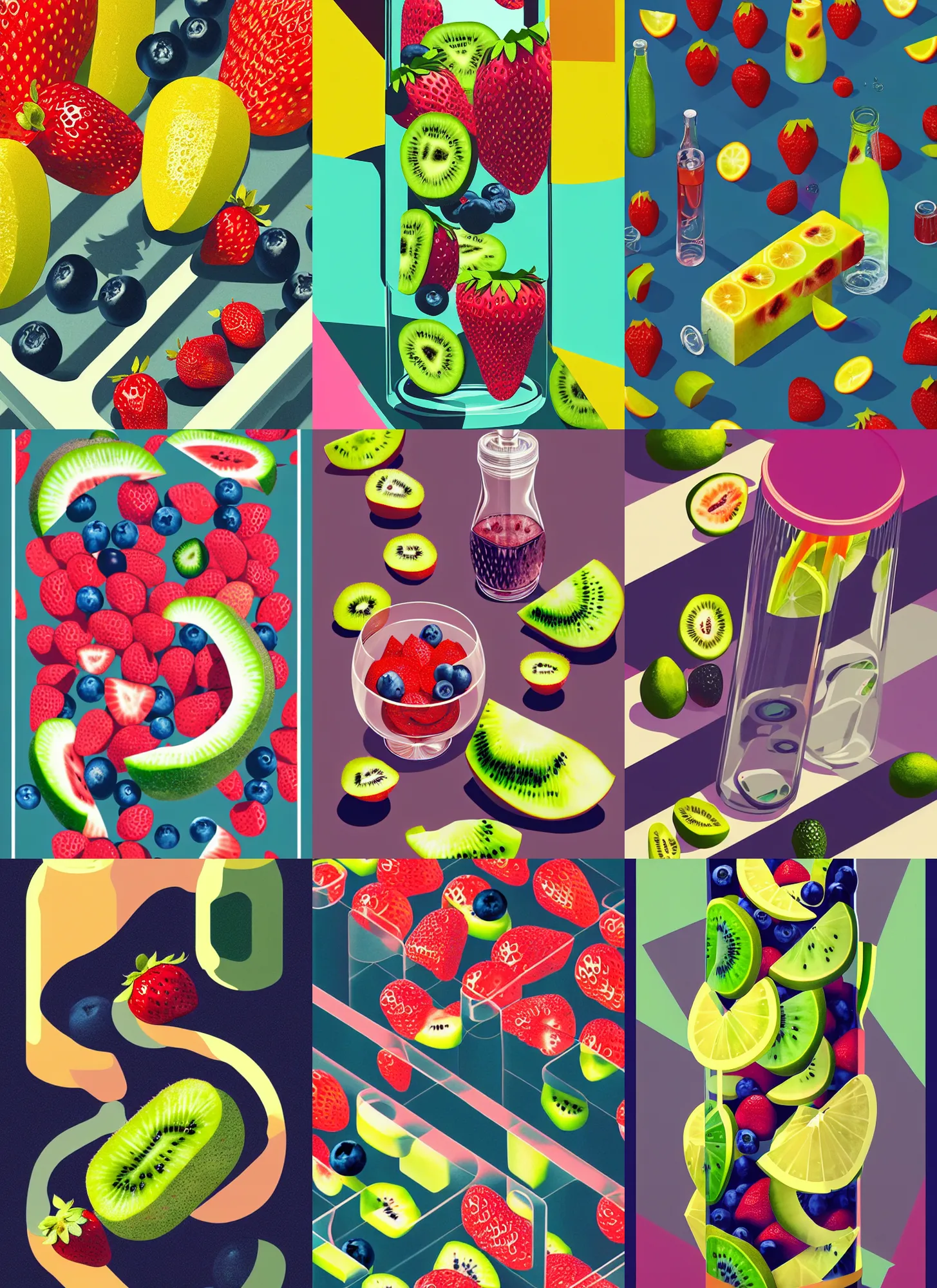 Prompt: ( ( dither ) ), editorial illustration strawberries blueberries sliced kiwi sliced lemon inside a clear drinking bottle, isometric, modern art deco, ( ( mads berg ) ), detailed, dynamic composition, wide angle, matte print, strong grain, art nouveau, karolis strautniekas, ilya kuvshinov