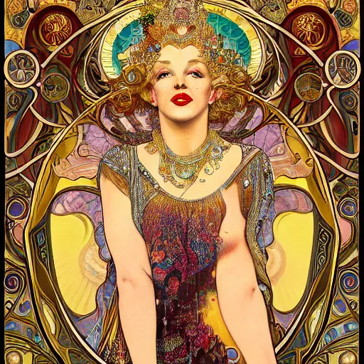 Prompt: !dream realistic detailed dramatic symmetrical portrait of Marilyn Monroe as Salome dancing, wearing an elaborate jeweled gown, by Alphonse Mucha and Gustav Klimt, gilded details, intricate spirals, coiled realistic serpents, Neo-Gothic, gothic, Art Nouveau, ornate medieval religious icon, long dark flowing hair spreading around her