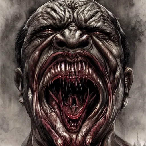 Prompt: Dark fantasy Painting of a hulking muscular demonic with drool dripping from its mouth, hr giger muscles, disgusting, creepy, unsettling, horror, upper body, intricate, wild, highly detailed, digital painting, artstation, concept art, smooth, sharp focus, illustration, art by artgerm and greg rutkowski and alphonse mucha