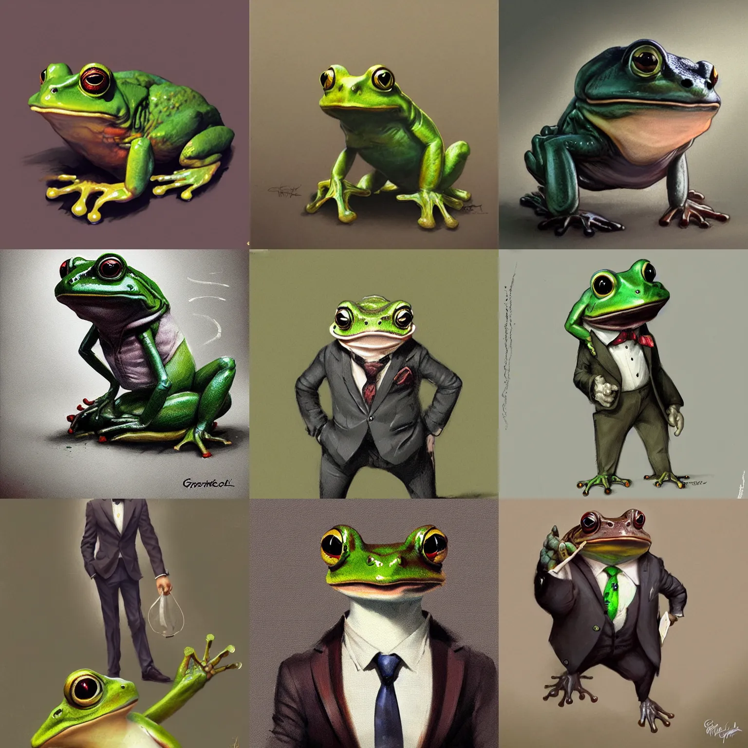 Prompt: cute antropomorphic frog in suit by greg rutkowski