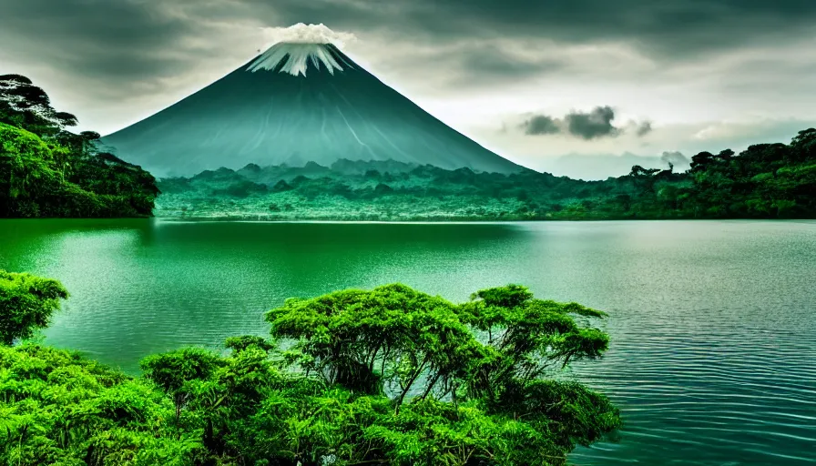 Image similar to a beautiful green scene, guatemalan lake full of water, volcano in background, high definition, beautiful award winning photography, 8 k.