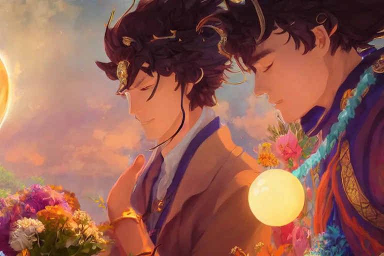 Image similar to close up moment of a divine a sun god and a moon goddess lovers magician at a wedding banquet, highly detailed, d & d, fantasy, 4 k realistic, digital painting, trending on artstation, concept art, sharp focus, illustration, art by makoto shinkai and akihiko yoshida and daniel gerhartz