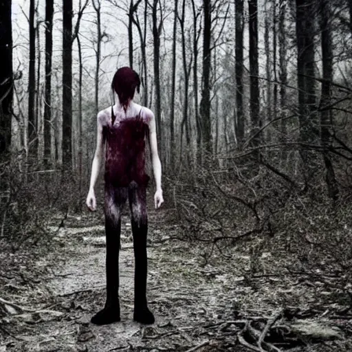 Image similar to blood soaked skinwalker, lanky, skinny, pale skin, snow, forest, dark, horrifying