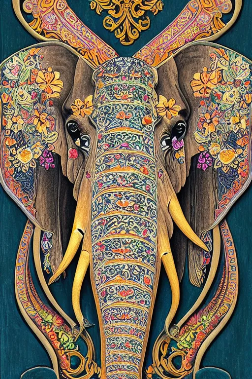 Image similar to Painted dark-wood panel relief carving of a close up of a Flowerpunk Matriarch Elephant, ornate border frame, explosion of colorful flowers, dark wood, intricately carved, black ink, festival of rich colors, intricate details, cinematic lighting, volumetric lighting, post-processing, art nouveau, by andreas rocha and john howe, and Martin Johnson Heade, featured on artstation, featured on behance, golden ratio, hyper detailed, photorealistic, epic composition, center spotlight, f32, well composed, symmetrical, UE5, 8k