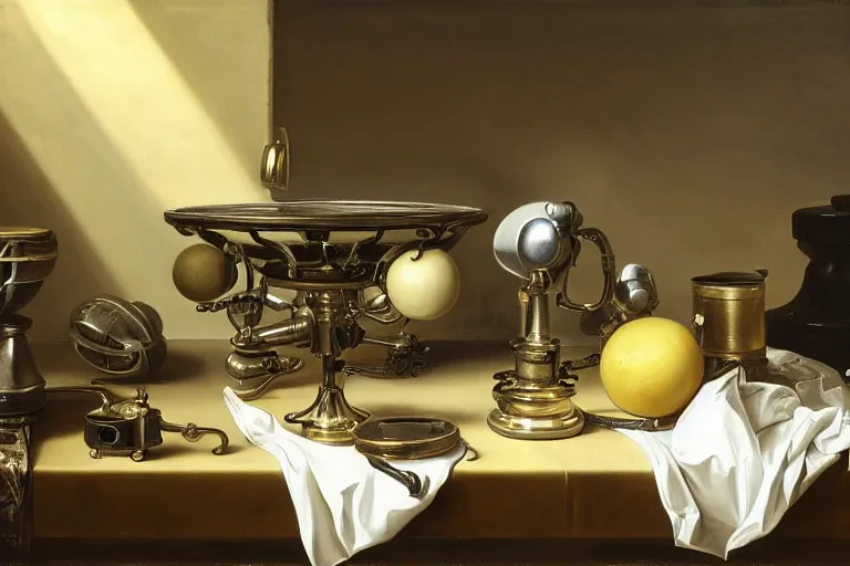 Prompt: still life painting of alien technology, by pieter claesz, oil on canvas, strong lighting, highly detailed, hyper realism, golden hour, god rays, hd, 4 k