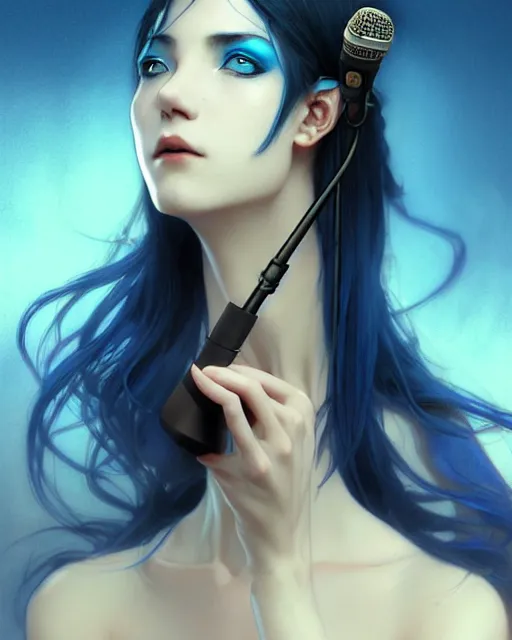 Prompt: portrait of a blue no gender djinn with a microphone, genshin impact, fantasy magic, dark light night, intricate, elegant, sharp focus, illustration, highly detailed, concept art, matte, art by wlop and artgerm and greg rutkowski and alphonse mucha and kidmo, anime, trending on artstation