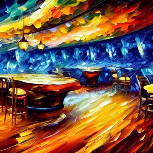 Prompt: beautiful leonid afremov highly detailed impasto! acrylic painting! of an underwater art deco lounge. bioshock, rapture, trending on artstation