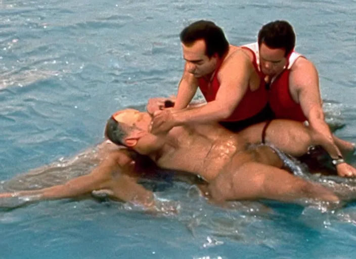 Image similar to film still of george costanza being rescued by a lifeguard in the new seinfeld episode, 4 k