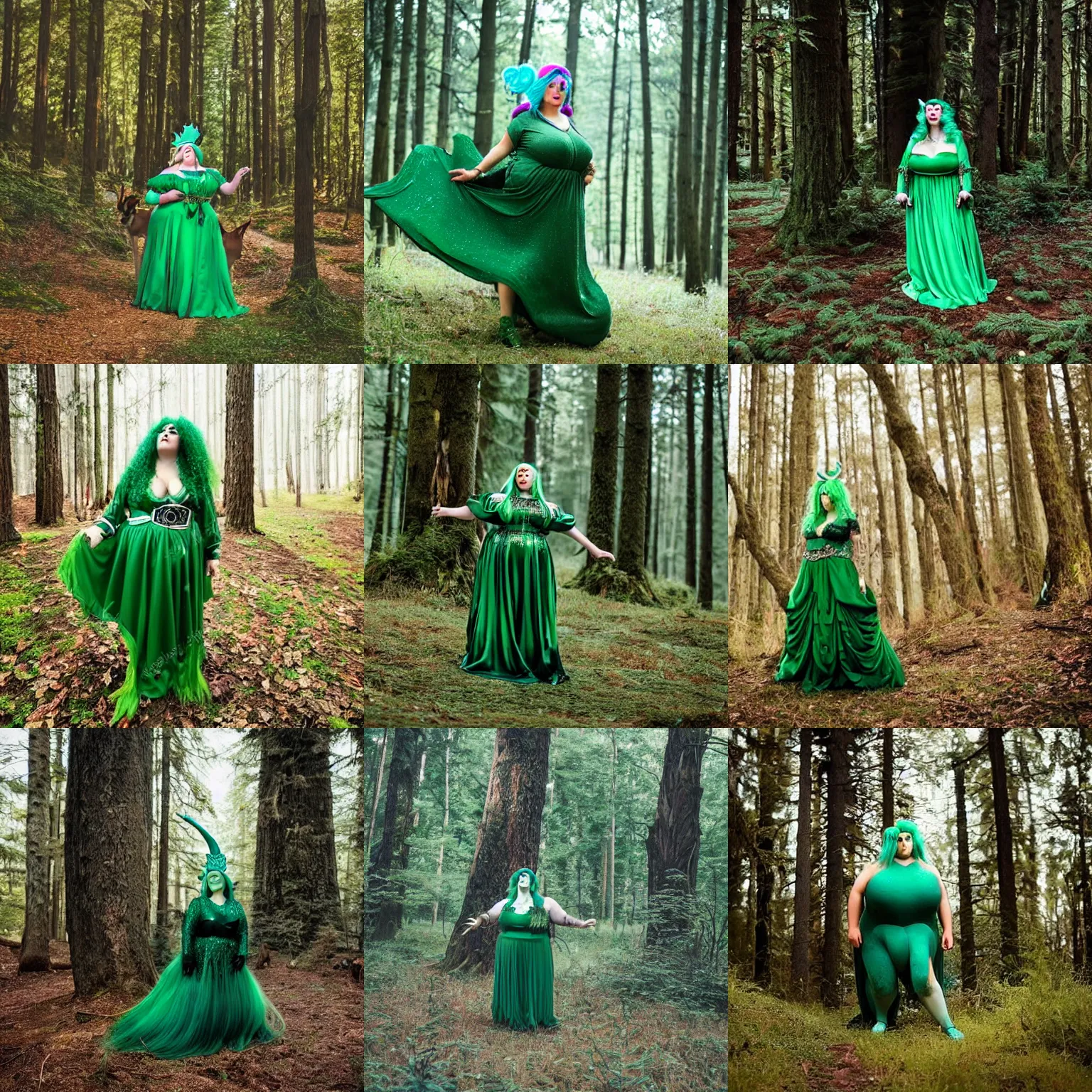 Prompt: A big woman with green hair and deer horns, she is wearing a royal dress that is green, full body photoshoot at the forest