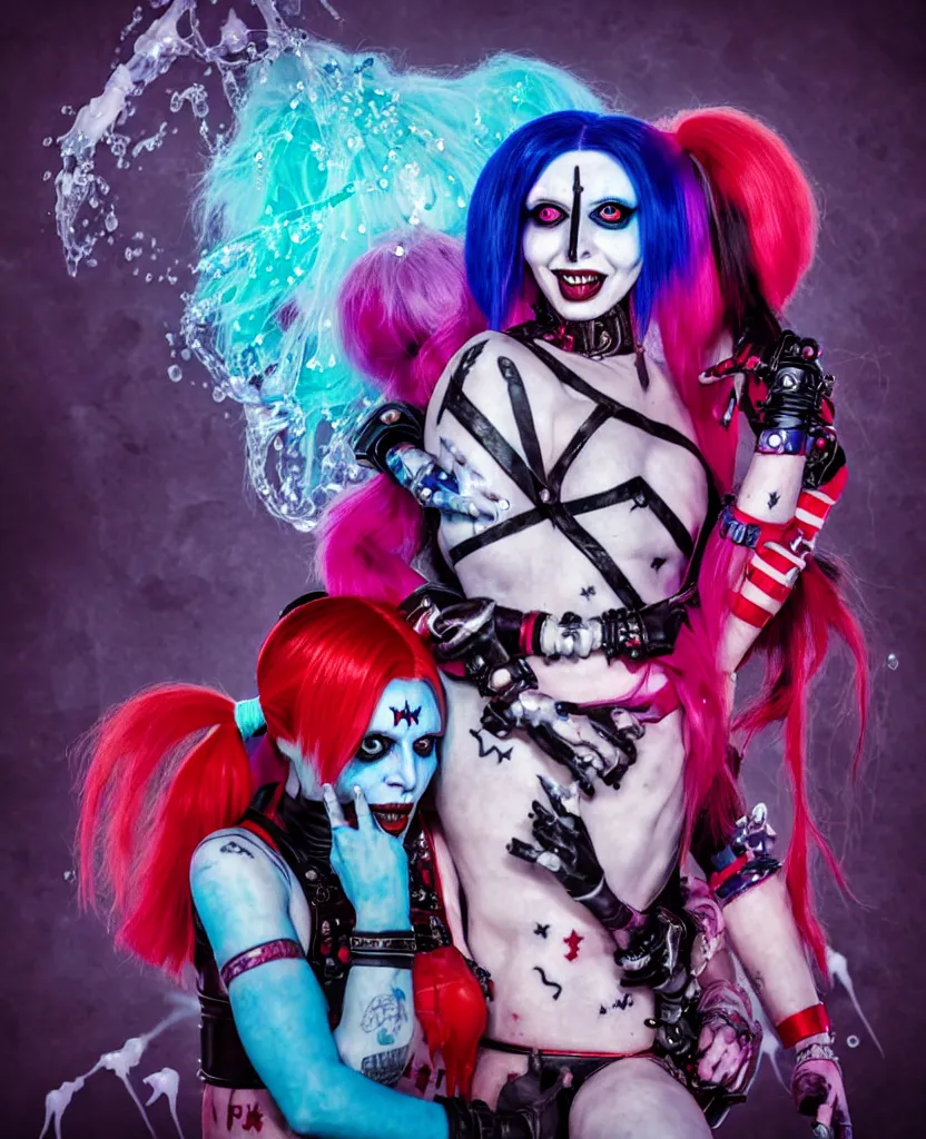 Prompt: Marilyn Manson and Ziggy Ramirez as Harley Quin (The Suicide Squad), epic angle and pose, symmetrical artwork, 3d with depth of field, blurred background, cybernetic jellyfish female face skull phoenix bird, translucent, nautilus, energy flows of water and fire. a highly detailed epic cinematic concept art CG render. made in Maya, Blender and Photoshop, octane render, excellent composition, cinematic dystopian brutalist atmosphere, dynamic dramatic cinematic lighting, aesthetic, very inspirational, arthouse. y Greg Rutkowski, Ilya Kuvshinov, WLOP, Stanley Artgerm Lau, Ruan Jia and Fenghua Zhong