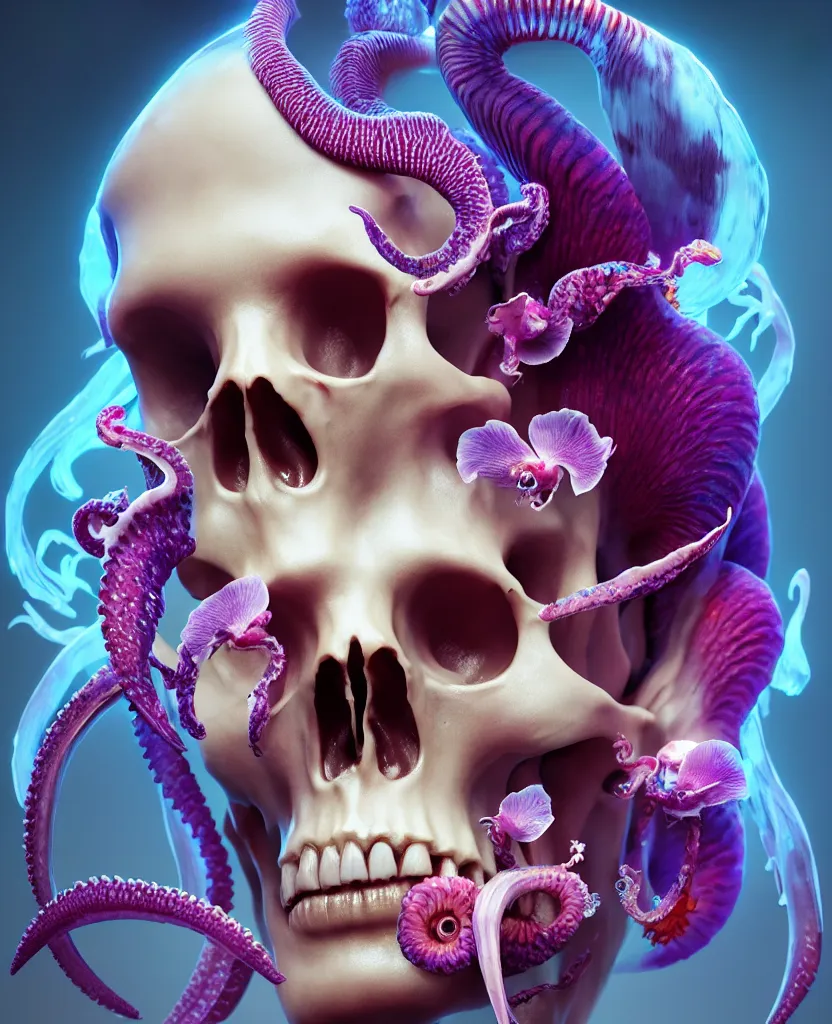 Image similar to goddess close - up portrait human skull, ram skull, squid phoenix jellyfish, orchid, betta fish, bioluminiscent, intricate artwork by tooth wu and wlop and beeple. octane render, trending on artstation, greg rutkowski very coherent symmetrical artwork. cinematic, hyper realism, high detail, octane render, 8 k