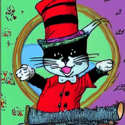 Prompt: cat in the hat on acid