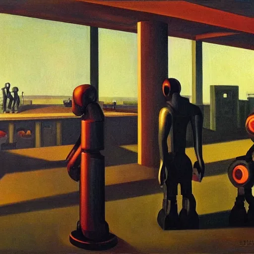 Image similar to drab slave human workers building robots, watched by fascist robots, brutalist factory, dystopian, pj crook, edward hopper, oil on canvas