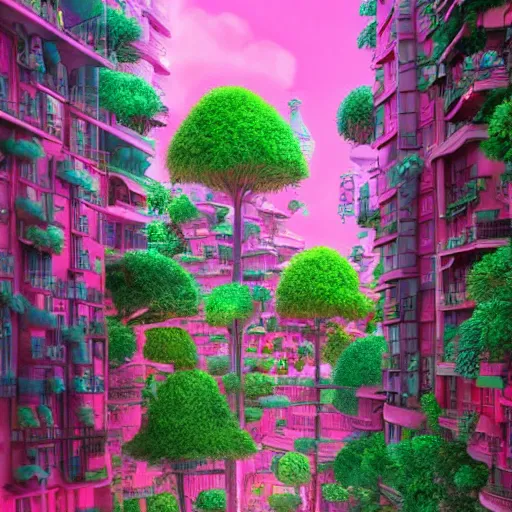 Image similar to pink and green alien city, photorealistic beautiful in the style of studio ghibli. hyperdetailed photorealism, 1 0 8 megapixels, amazing depth, glowing rich colors, powerful imagery, psychedelic overtones, 3 d finalrender, 3 d shading, cinematic lighting, artstation concept art