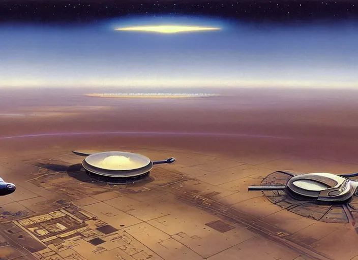 Image similar to spaceport, matte painting, peter elson