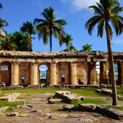 Prompt: an ancient roman palace on a tropical island