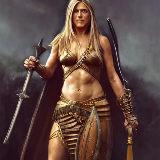 Image similar to the portrait of jennifer aniston as amazon warrior in an elegent dress by roberto ferri, fantasy, witcher, very detailed oil painting, masterpiece, 8 k, full face