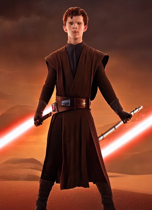Image similar to tom holland plays anakin skywalker in the live action remake of star wars revenge of the sith, 3 5 mm photography, highly detailed, cinematic lighting, standing pose, 4 k