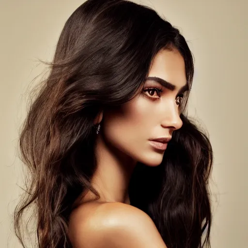 Prompt: Portrait photo of a beautiful supermodel, beautiful bone structure, long dark hair, olive skin, brown eyes, natural makeup, studio lighting, highly detailed, photo by Damon Loble.