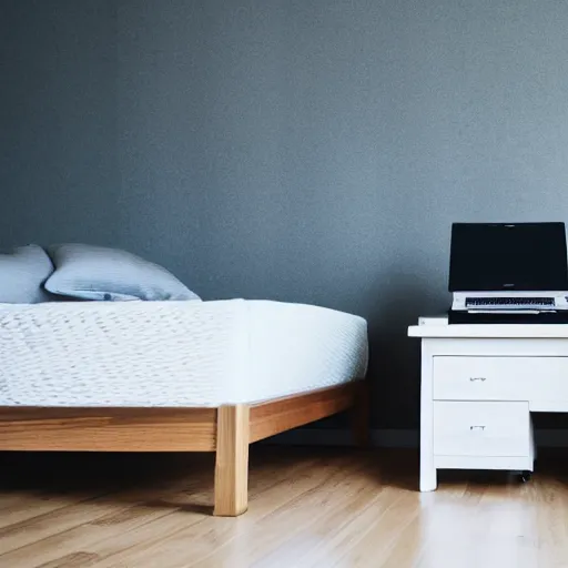 Prompt: Beautiful Photograph of a bedroom with a computer on a table and a mattress standing against the wall, wideshot, longshot, fullshot