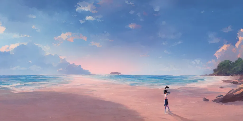 Prompt: a beach, cinematic angle, studio Ghibli, by Mokoto Shinkai, volumetric lighting, breathtaking, beautiful composition, elegant, digital art, detailed, oil painting, hyperrealistic, sharp focus, 8k