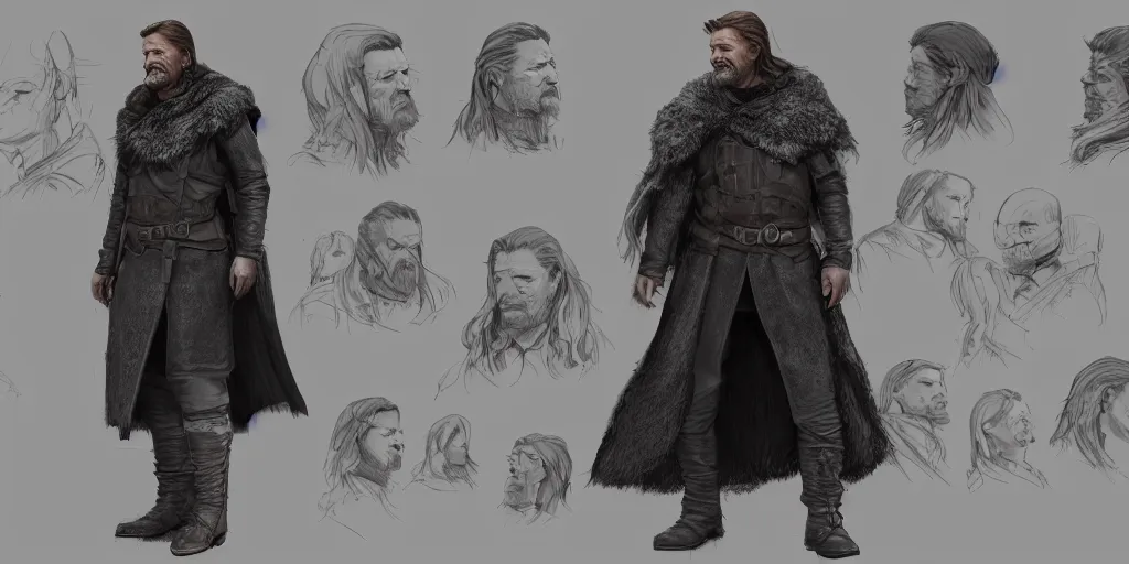 Image similar to ned stark, character sheet, concept design, contrast, hot toys, kim jung gi, greg rutkowski, zabrocki, karlkka, jayison devadas, trending on artstation, 8 k, ultra wide angle, pincushion lens effect