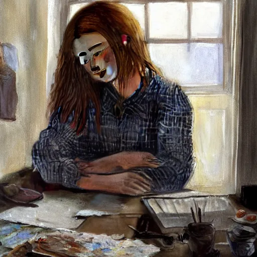 Image similar to extraordinary portrait : 4 0 - year - old sadie sink in a checked shirt, modern hairstyle. in her art studio. 1 9 9 0 s. precise detail. art by anders zorn, wonderful masterpiece by greg rutkowski, beautiful cinematic light, american romanticism by greg manchess, jessica rossier