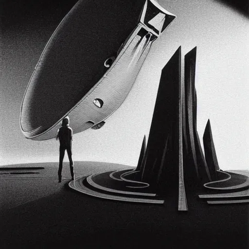 Prompt: a black and white dean ellis style 1 9 7 0 s sci - fi space ship, oil on canvas painting, smooth, sharp focus, vibrant volumetric natural light in style of josan gonzalez and mike winkelmann and andgreg rutkowski and alphonse muchaand and caspar david friedrich and stephen hickman and james gurney and hiromasa ogura..