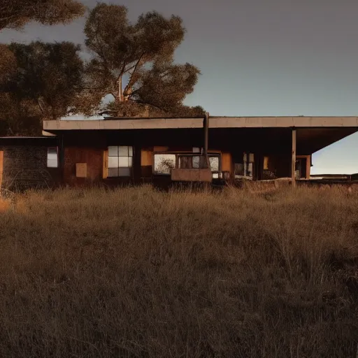 Prompt: photograph of a midcentury modern house in an apocalyptic wasteland, dramatic lighting, realistic, extremely detailed, 3 5 mm