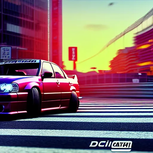 Image similar to a car drifting JZX100 on Ebisu Circuit, Shibuya prefecture, city sunset, cinematic color, photorealistic, highly detailed, bokeh, DOF, octane render