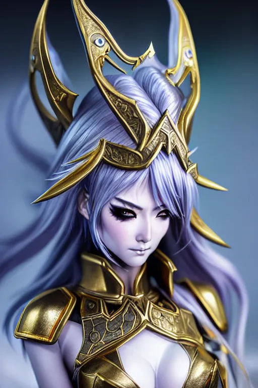 Prompt: sakimi chan, detailed face, silver fantasy armor with gold filagree, detailed face, tony sart