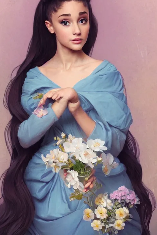 Image similar to beautiful cottagecore Ariana Grande holding a babyblue colored vase. intricate, elegant. the background is babylue !. highly detailed, digital painting, artstation, concept art, smooth, sharp, focus, illustration. . art by artgerm and greg rutkowski and alphonse mucha