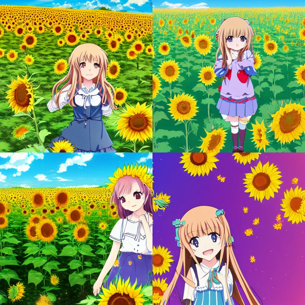 Prompt: Anime key visual of a girl looking sideways and smiling; a meadow full of sunflowers background. from Sanrio as a Moe Anime girl, 4K, HD, pixiv, wallpaper, official media