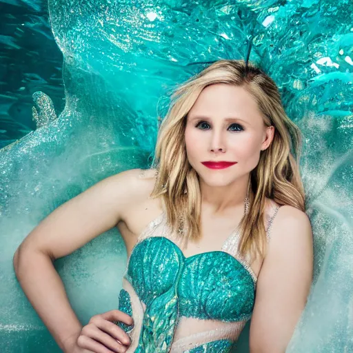Image similar to Kristen Bell as a mermaid, vogue, perfect face, intricate, Sony a7R IV, symmetric balance, polarizing filter, Photolab, Lightroom, 4K, Dolby Vision, Photography Award