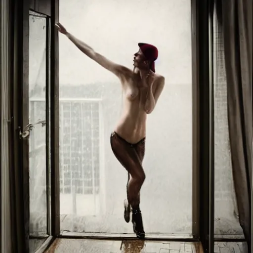 Image similar to a woman, moment, 1 9 3 0 s decopunk penthouse balcony, rain and smoke, tech noir, wet skin, atmospheric, ambient, rupert everton, alexis flower, livia prima,