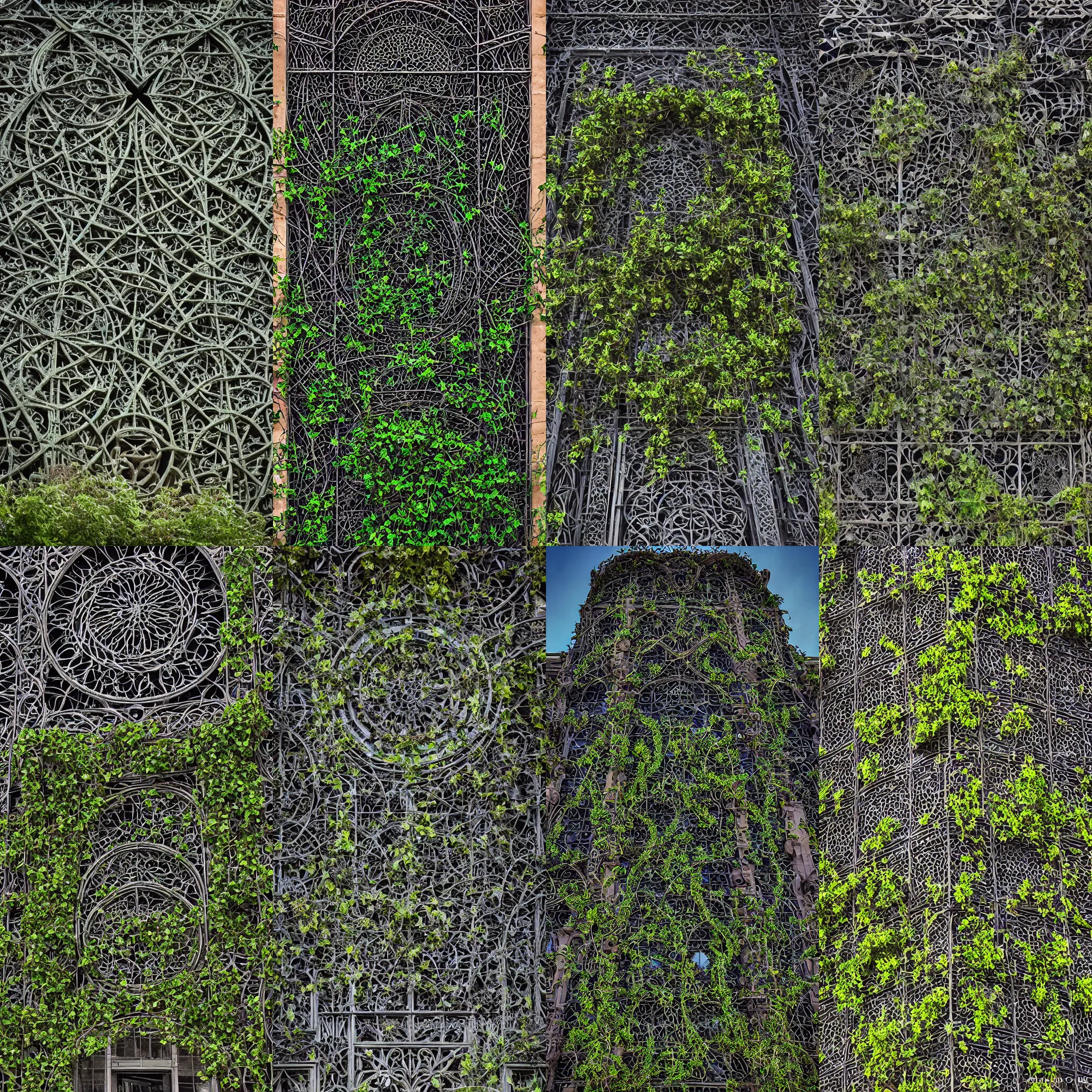 Prompt: a professional photograph of a modern building by Louis Sullivan and H.R. Giger covered in black ironwork vines, sprigs of green leaves and colorful flowers, Sigma 75mm, ornate, very detailed, hyperrealistic, liminalspaces, Symmetrical composition, centered, intricate, panoramic, Dynamic Range, HDR, chromatic aberration, Orton effect, 8k render, photo by Marc Adamus