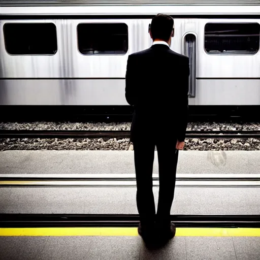 Image similar to a man in a suit waiting at a train station with a view of outer space on the other side, award-winning photograph