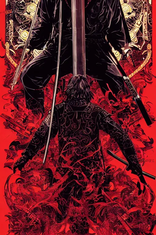 Prompt: poster of john wick as a samurai, by yoichi hatakenaka, masamune shirow, josan gonzales and dan mumford, ayami kojima, takato yamamoto, barclay shaw, karol bak, yukito kishiro