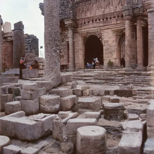 Image similar to photograph of the well preserved ruins of a medieval abyssinian city market made out of ornate carved granite blocks. 3 5 mm color film photograph