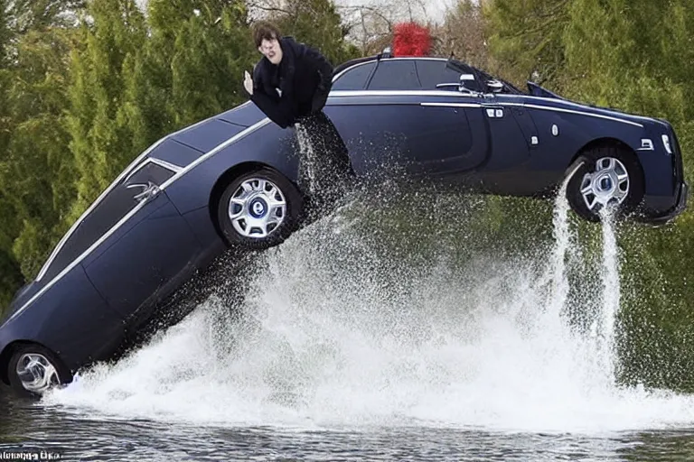 Image similar to Teenagers push Rolls-Royce into lake with their hands from a small slide wanting to drown him