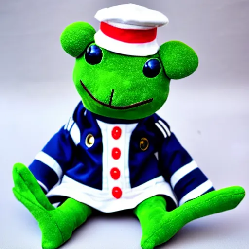 Image similar to stuffed animal frog wearing a sailor suit, plushie photography,