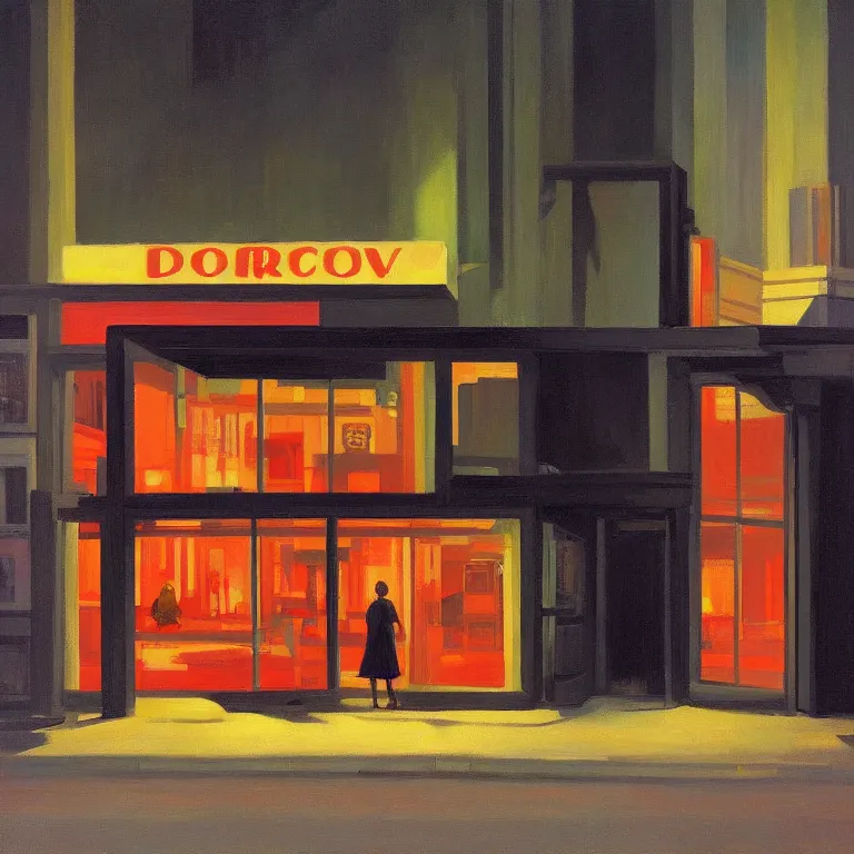 Image similar to dark city all stores closed, except one store glowing inside between dark closed stores, painted by Edward Hopper and James Gilleard, oil painting