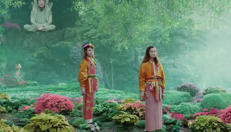 Prompt: , movie still by wes anderson of a beautiful girl wearing gucci exploring a magical japanese garden of flowers, glowing temple in the distance, floating deity heads, magic details, cinestill 8 0 0 t eastmancolor technicolor, high quality, very detailed, heavy grain, fine facial features, 8 k, octane render