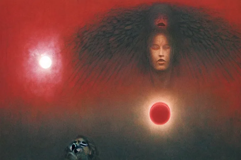 Prompt: 15 people activate behelit in the middle of eclipse, human sacrifice , Old testament angel, dark sky, red cloud, sea of blood, beksinski