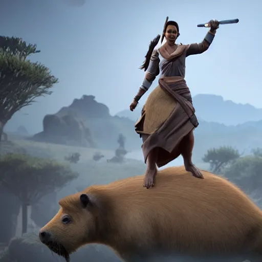 Image similar to female jedi riding a giant capybara into battle unreal 5, hyperrealistic, realistic, photorealistic, dynamic lighting