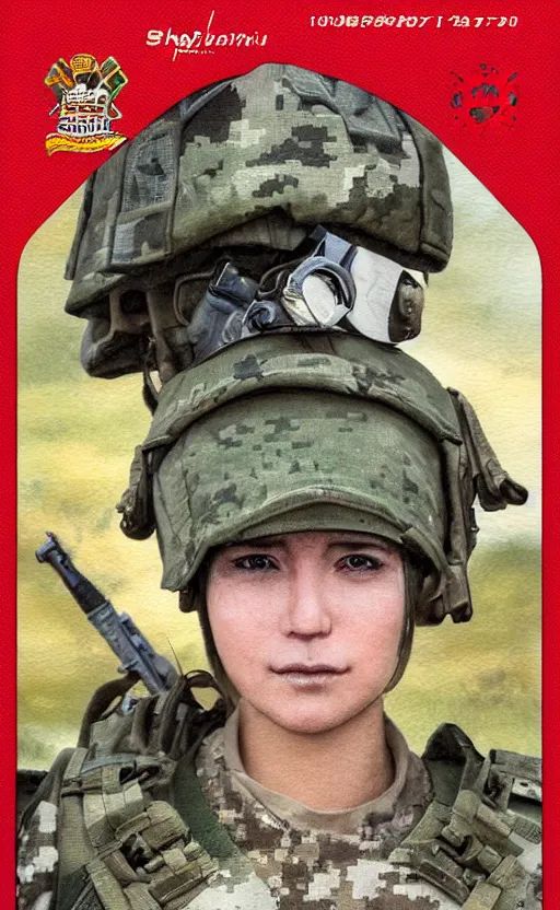 Prompt: portrait of a female soldier, highly detailed, high resolution, military camp in the background, the front of a trading card, illustration, stunning, marginal operation, bokeh soft, matte, 100mm, by professional photographer, by shibafu, by shizuma yoshinori, studio mappa, realistic human anatomy, realistic military carrier, modern warfare, realistic weapon, shot with a arriflex 35 ii, low saturation, small eyes