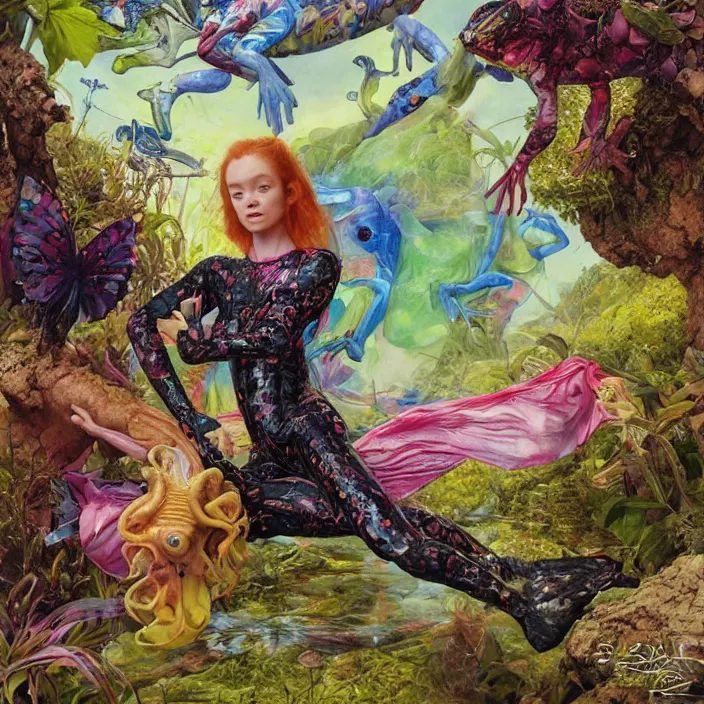 Prompt: a fashion editorial of sadie sink as a brightly colored sphinx amphibian hybrid with wet translucent skin. wearing an growing organic tactical wetsuit. by tom bagshaw, donato giancola, hans holbein, walton ford, gaston bussiere, brian froud, peter mohrbacher and magali villeneuve. 8 k, cgsociety