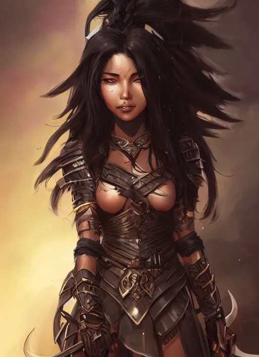 Image similar to beautiful warrior lady, black long hair, practical armor, brown skin, demonic eyes, low fantasy, extremely detailed, sharp focus, smooth, digital illustration, by rossdraws, frank franzzeta, sakimichan